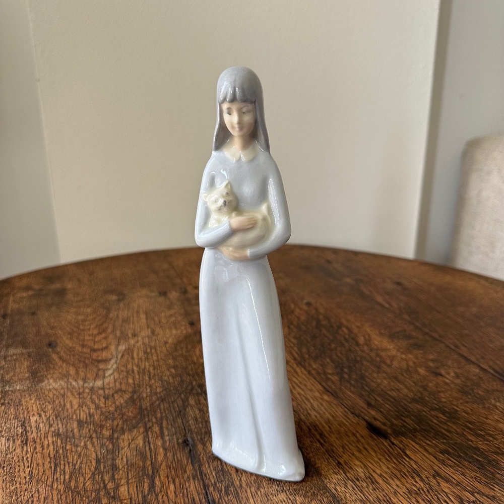 Vintage Porceval Spain Porcelain Figurine Woman with Cat Gloss Finish 9” Tall